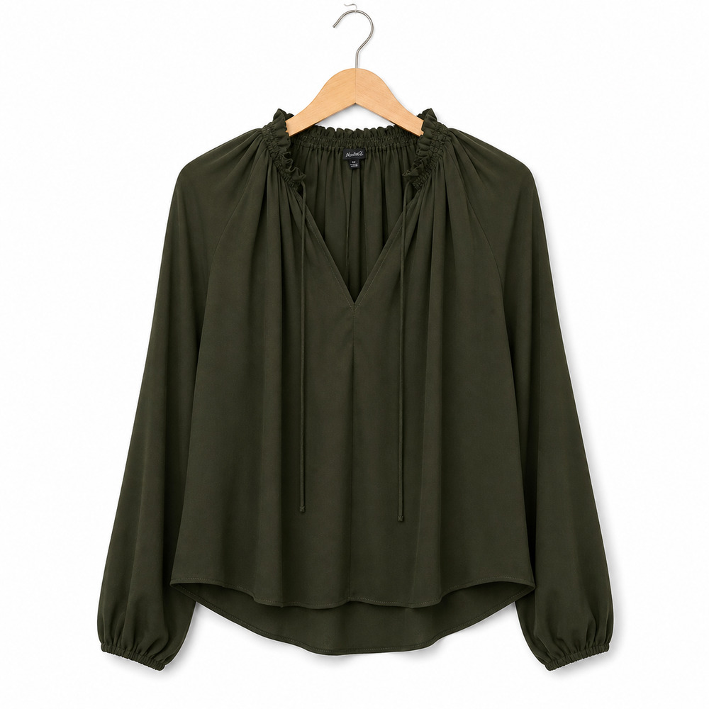 Madewell Top Womens Size XS Olive Tie Neck Long Sleeve Semi-Sheer Ruffle NWT